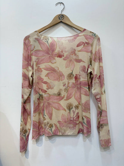 Floral bedrucktes Top, Rundhalsausschnitt, lange Ärmel, tailliert PT2632: Rosa / STANDARDGRÖSSE (36-42 / S-XL)