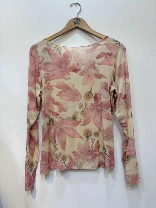 Floral bedrucktes Top, Rundhalsausschnitt, lange Ärmel, tailliert PT2632: Rosa / STANDARDGRÖSSE (36-42 / S-XL)