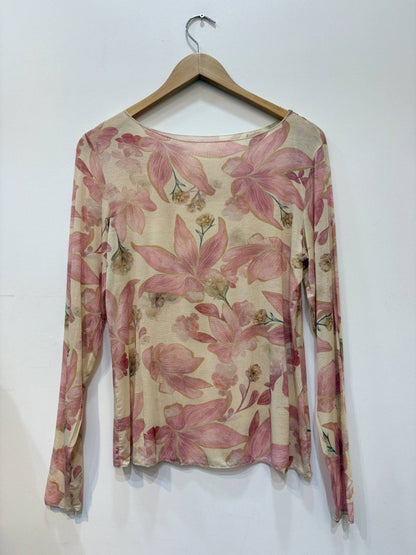 Floral bedrucktes Top, Rundhalsausschnitt, lange Ärmel, tailliert PT2632: Rosa / STANDARDGRÖSSE (36-42 / S-XL)