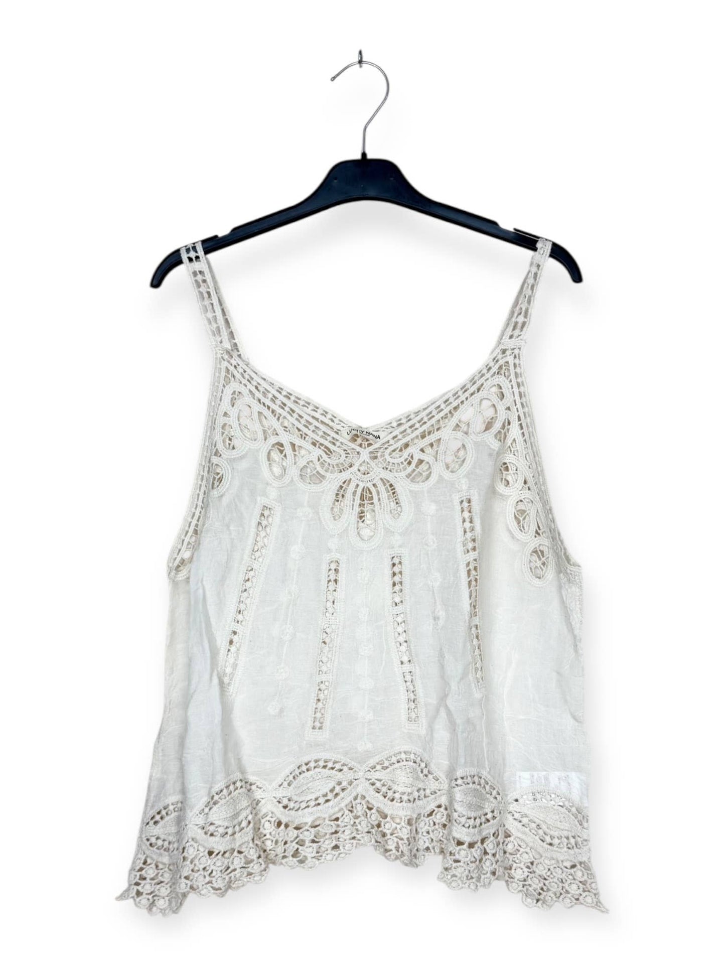 Spitzen-Top mit durchbrochenen Mustern und Bordüre c: Beige